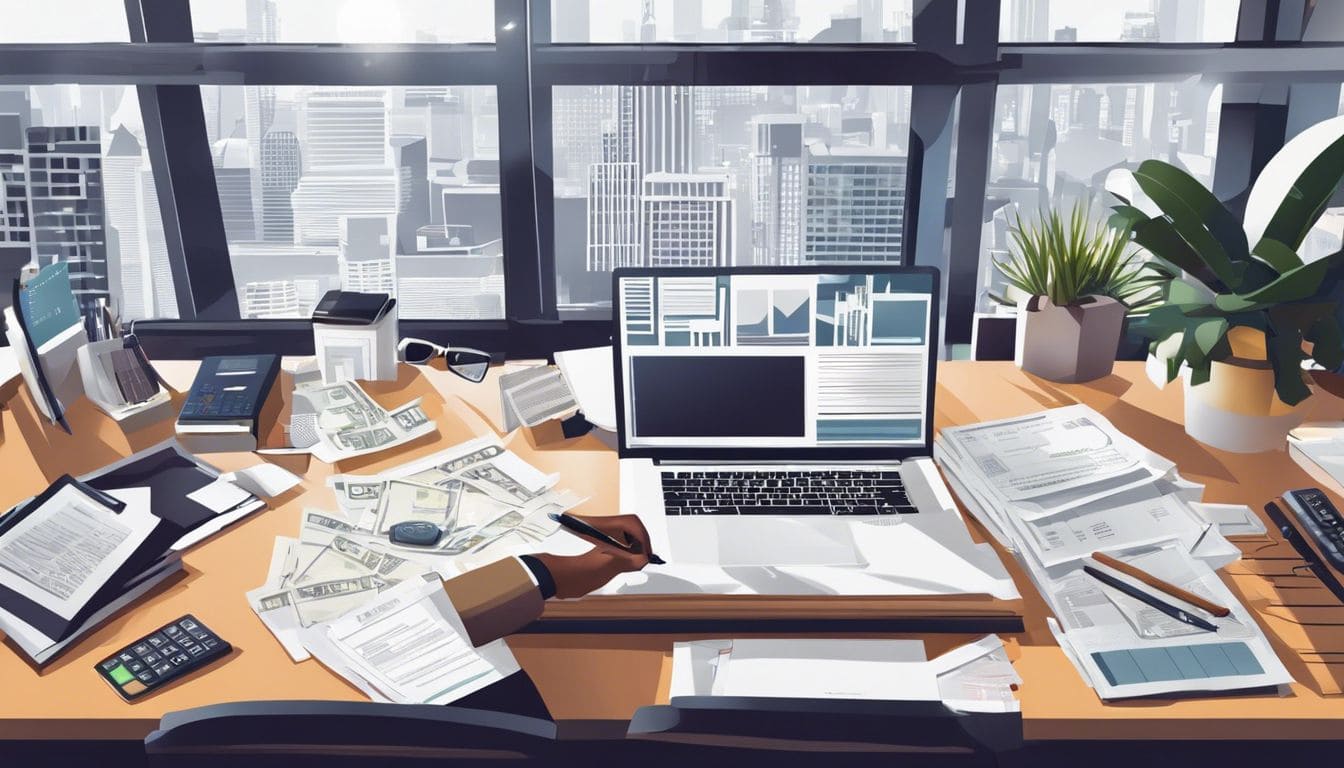 Persoon organiseert geld in een grootboek in een moderne kantooromgeving.