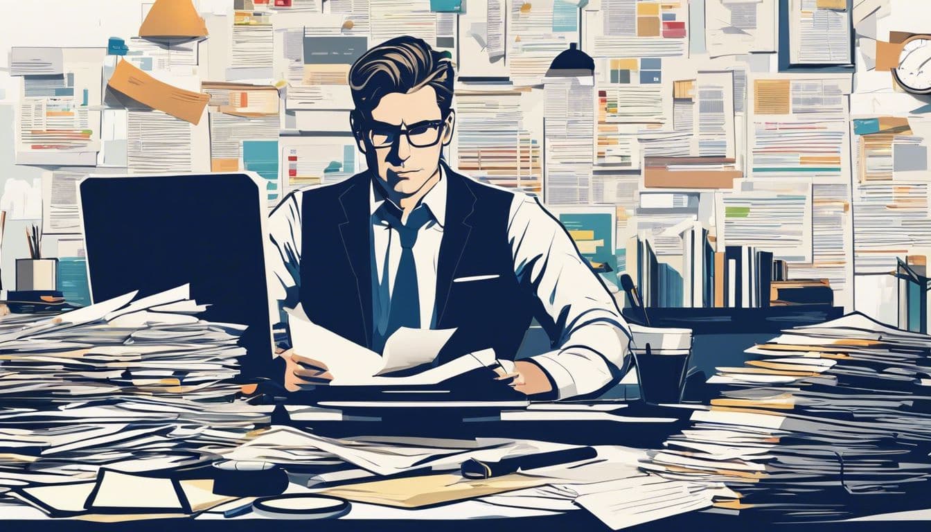 Een accountant werkt onder druk in een rommelig kantoor.