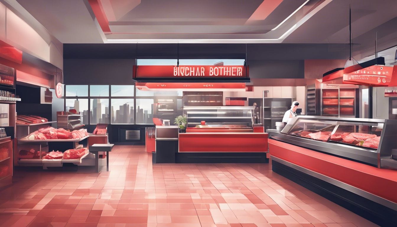 Een moderne slagerij met ge&iuml;ntegreerd weeg- en kassasysteem in een drukke stedelijke omgeving.