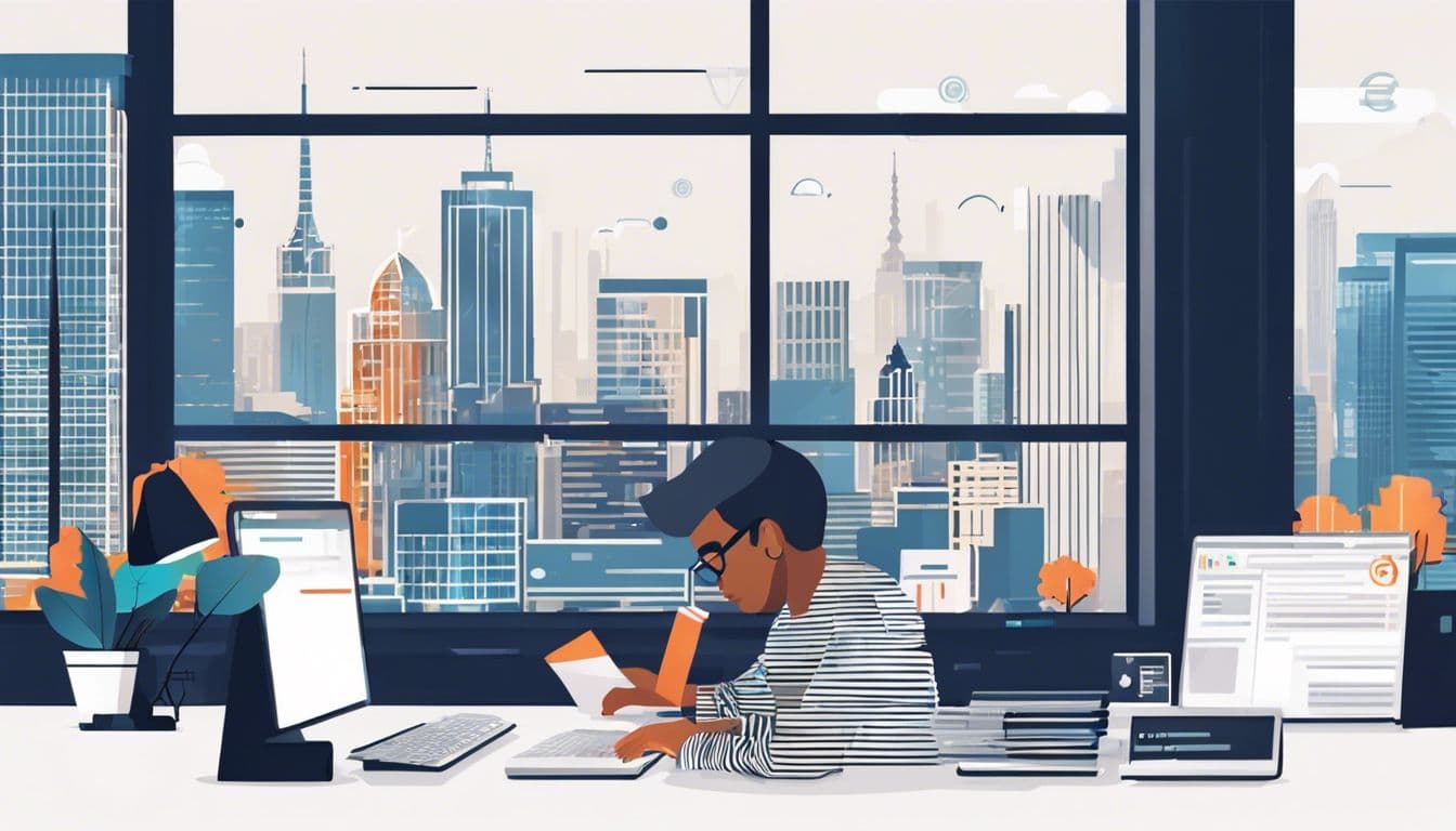 Persoon stelt e-mailadministratie in op computer met stadsgezicht op achtergrond.