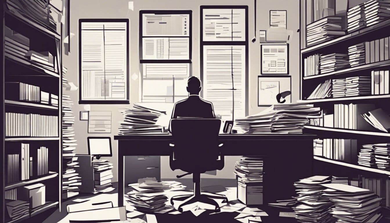Een kleine ondernemer worstelt met financi&euml;le gegevens en rommelige documenten.