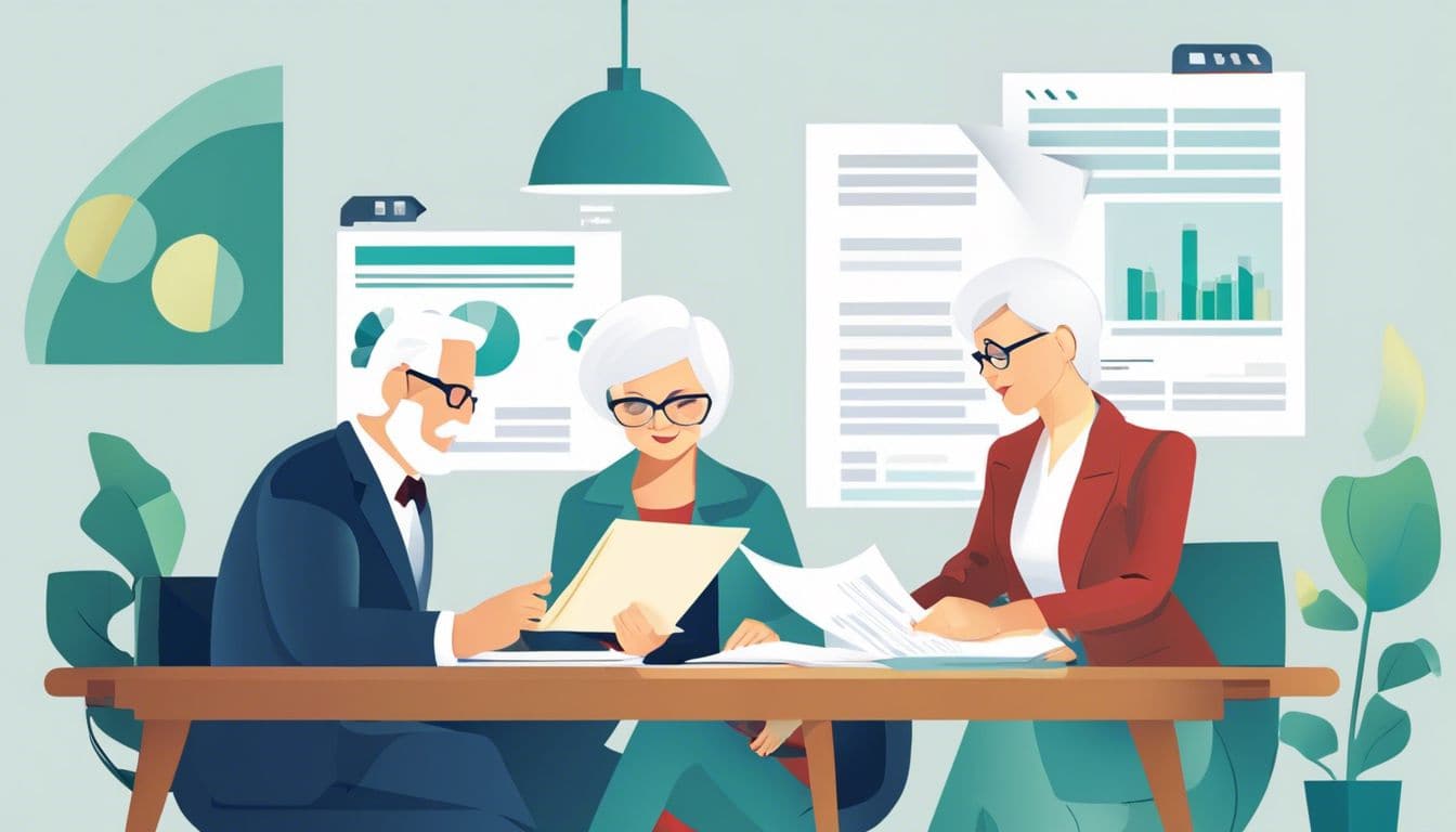 Een oudere vrouw en een man bespreken en organiseren financi&euml;le documenten aan tafel.