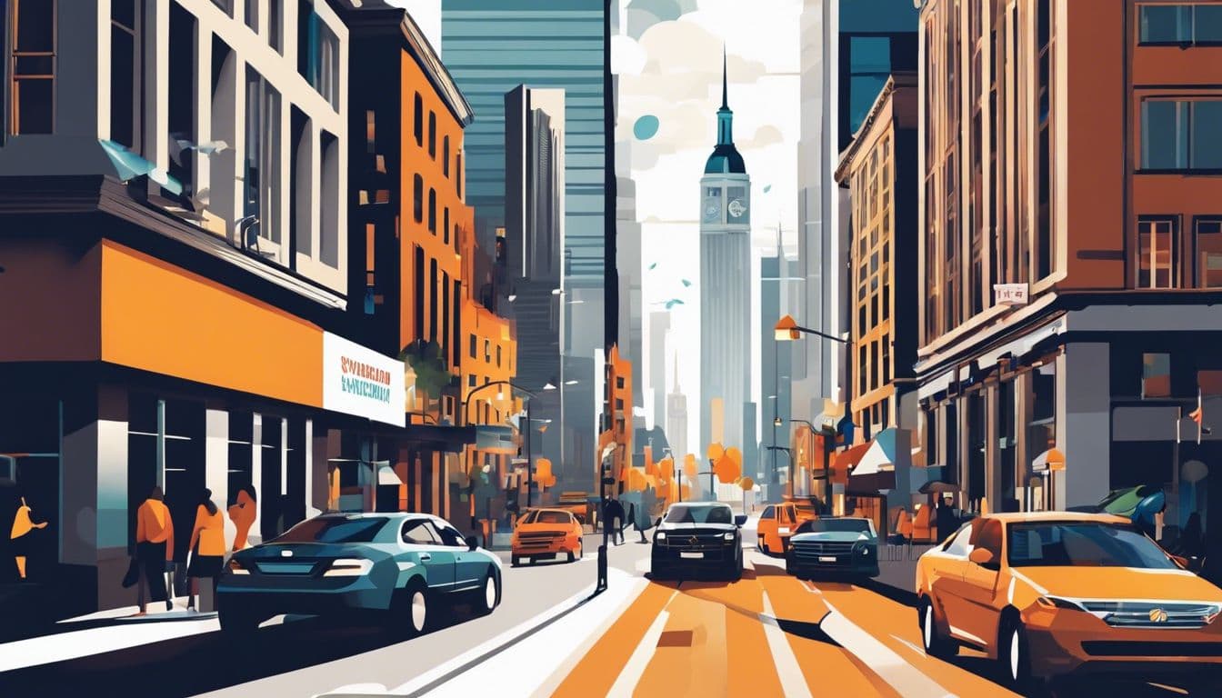 Een persoon beheert zelfverzekerd zijn persoonlijk budget met ondersteuning van SVB in een bruisende stedelijke omgeving.