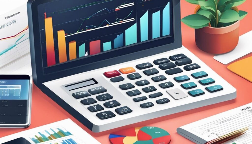 Illustratie van een strakke boekhouding, rekenmachine en financiële grafieken in een moderne kantooromgeving.