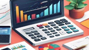 Illustratie van een strakke boekhouding, rekenmachine en financiële grafieken in een moderne kantooromgeving.