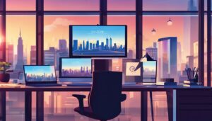 Moderne kantoorwerkplek met geüpdatete salarissoftware en stadsgezichtfotografie.
