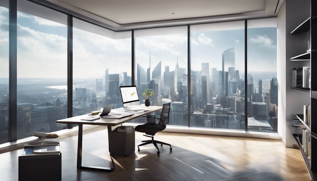 Een zakelijke professional gebruikt de SAP-accountingsoftware in een moderne kantooromgeving.