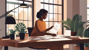 Een persoon gebruikt boekhoudsoftware in een opgeruimde en rustige werkomgeving.