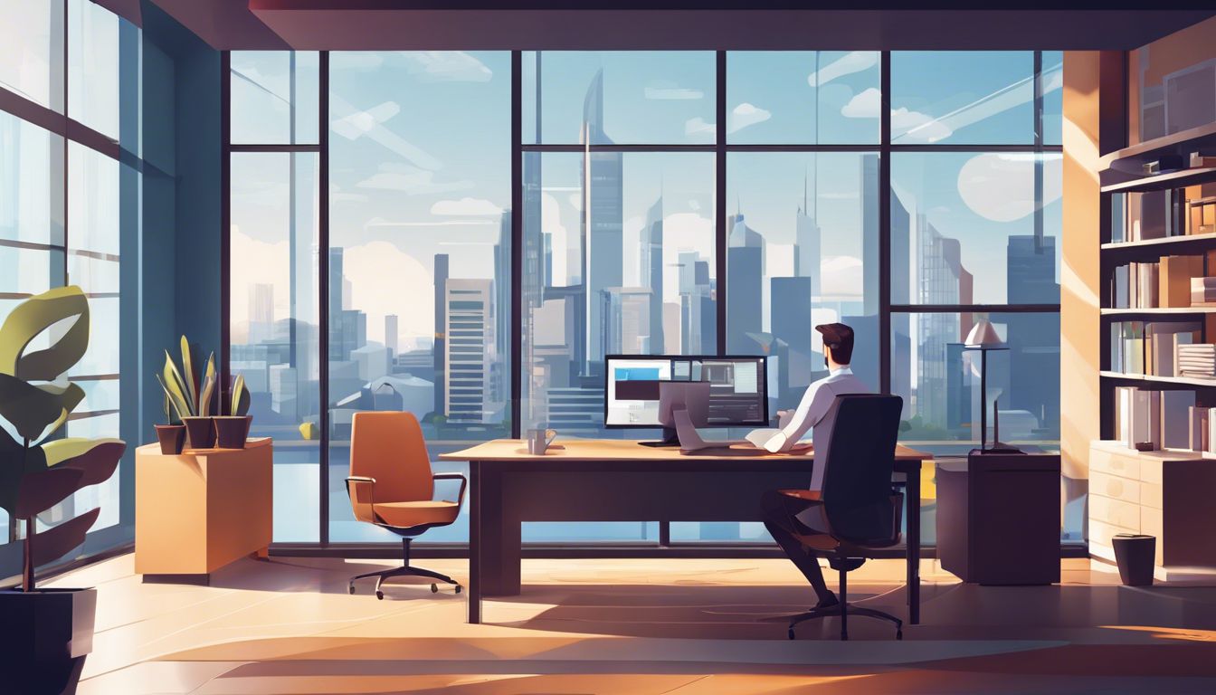 Een bedrijfseigenaar bekijkt financi&euml;le rapporten met een digitale boekhoudhulp in een modern kantoor met stadsgezicht.