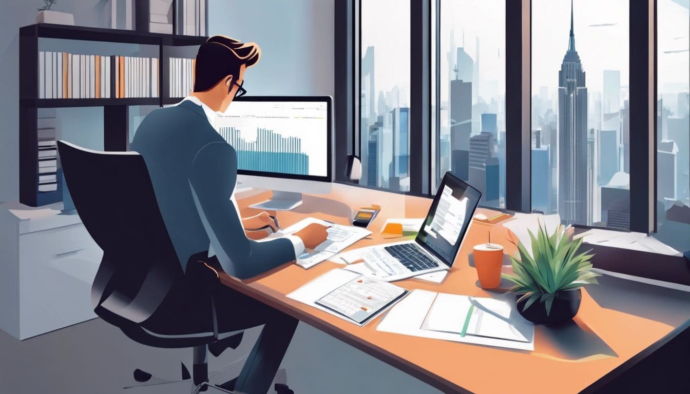 Een professionele accountant werkt op een modern kantoor met stadsgezicht.