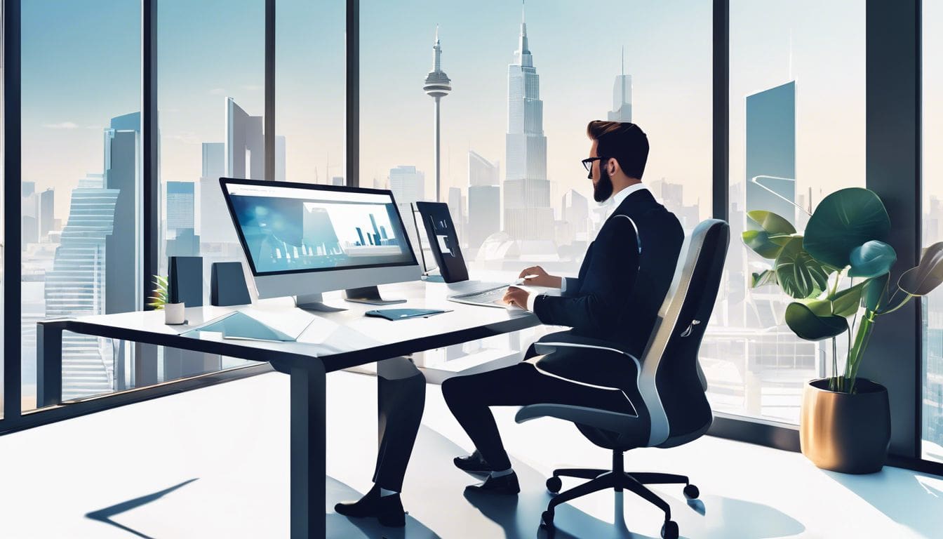 Een zakelijke eigenaar gebruikt SnelStart-software in een modern kantoor met uitzicht op de stad.