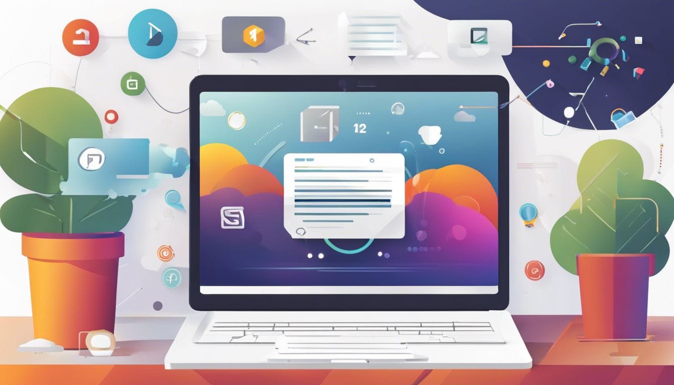 Een modern laptop met de SnelStart 12-interface omringd door offline symbolen.