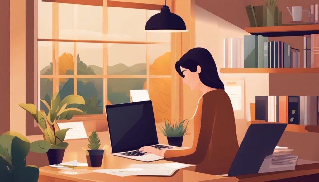 Een persoon gebruikt SnelStart-software voor boekhouding in een gezellig thuiskantoor.