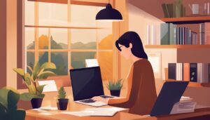 Een persoon gebruikt SnelStart-software voor boekhouding in een gezellig thuiskantoor.