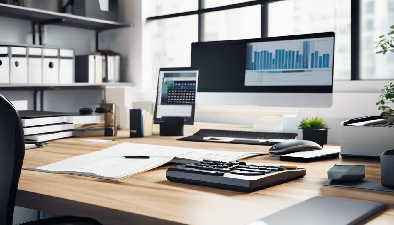 Een opgeruimd en goed georganiseerd kantoorbureau met een computer en een rekenmachine.