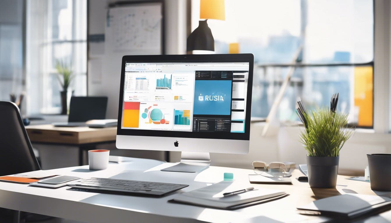 Een opgeruimde werkplek met laptop, software en georganiseerde kantoorbenodigdheden in een druk kantoor.