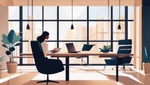 Een zakenvrouw werkt in een modern kantoor met Snelstart online administratie.