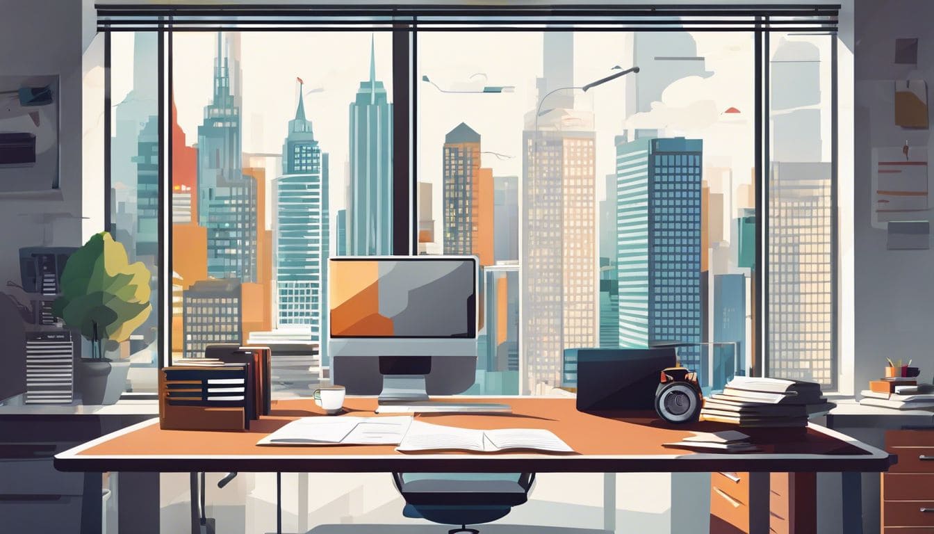 Een druk kantoorbureau met computer, rijles papierwerk en stadszicht.