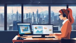 Een professionele vrouw analyseert financiële gegevens in een modern kantoor.