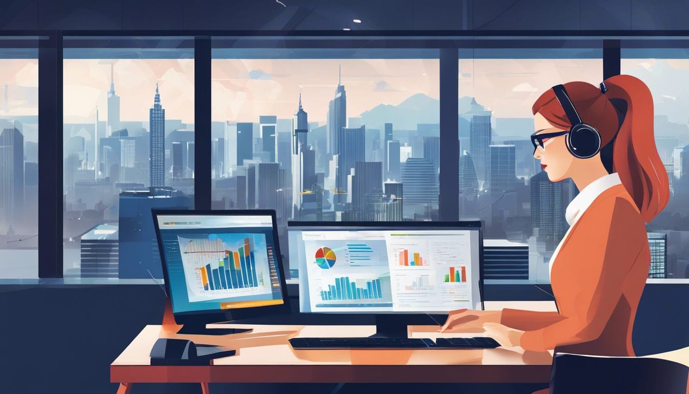 Een professionele vrouw analyseert financiële gegevens in een modern kantoor.