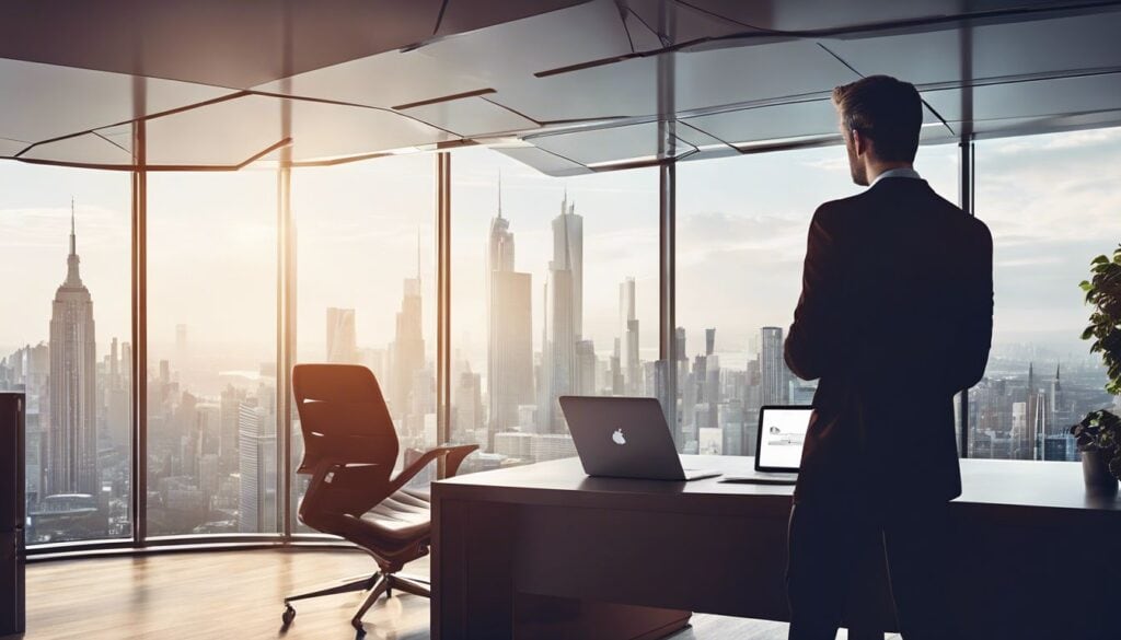 Een zakelijke eigenaar werkt in een modern kantoor met stadsgezicht.