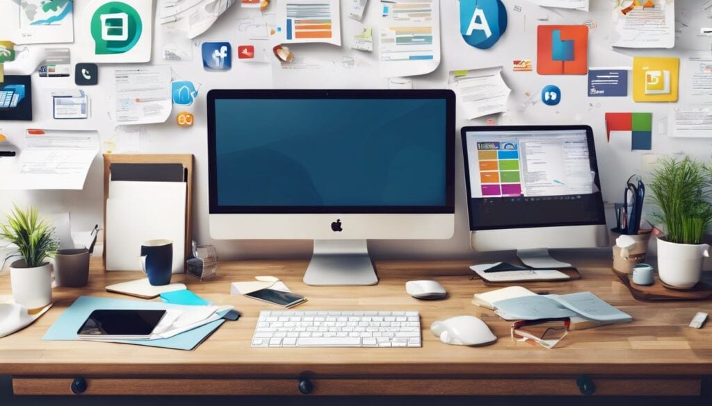 Een rommelig bureau met verschillende bedrijfssoftware logo's en documenten.