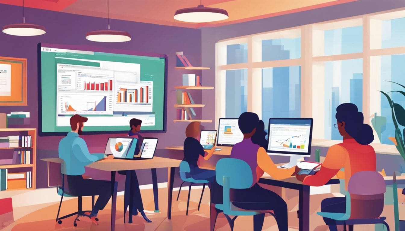 Studenten verkennen boekhoudsoftware in moderne klas met laptops en grafieken.