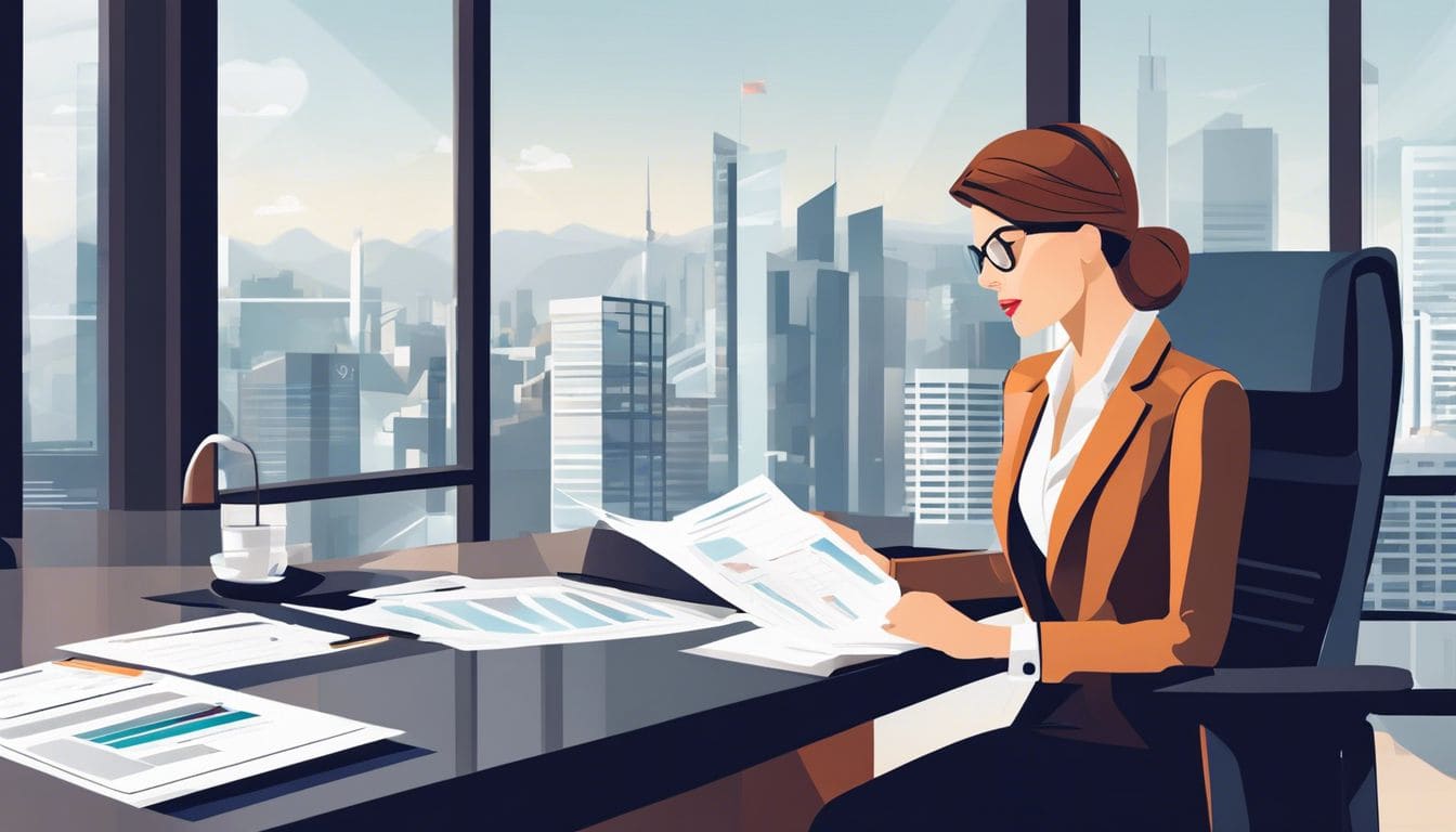 Een zakenvrouw analyseert financi&euml;le documenten in een modern kantoor.