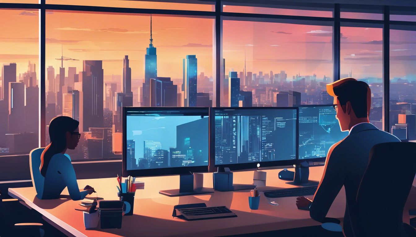 Professionele softwareontwikkelaars werken samen in modern kantoor met stadsgezicht.