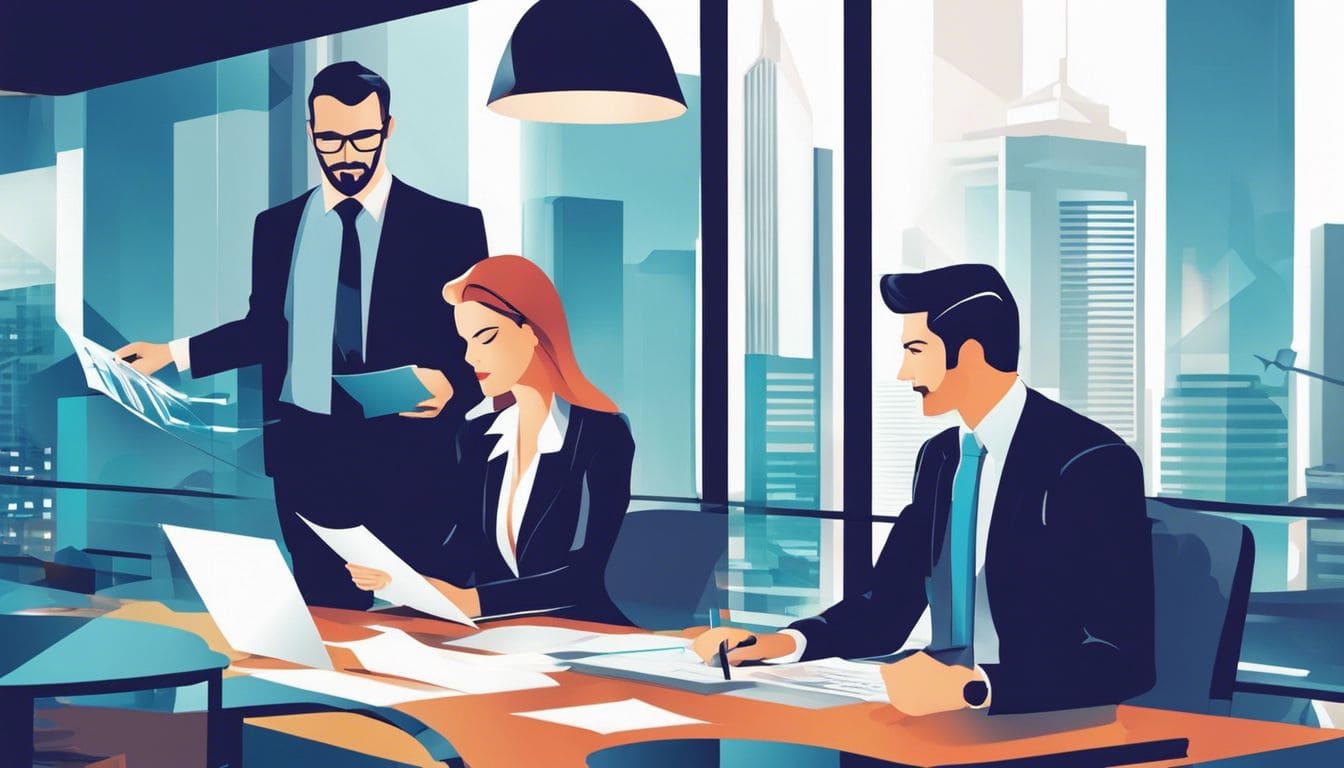 Een groep professionals bespreekt financi&euml;le gegevens in een modern kantoor.