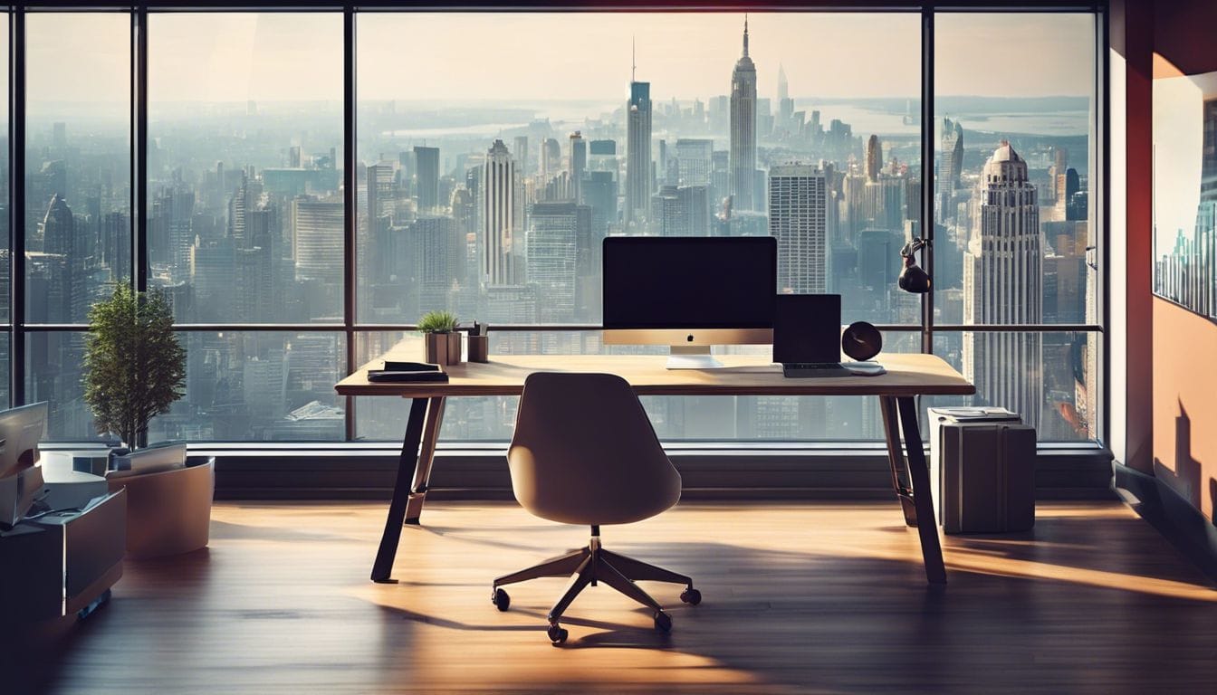 Moderne kantoorwerkplek met financi&euml;le software en stedelijke decoratie.