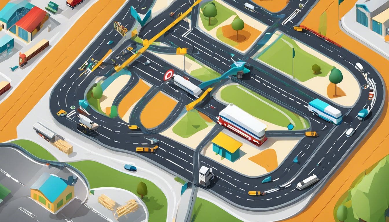 Een digitale tablet toont transportrouteplanningssoftware met logistieke apparatuur en luchtfoto's.