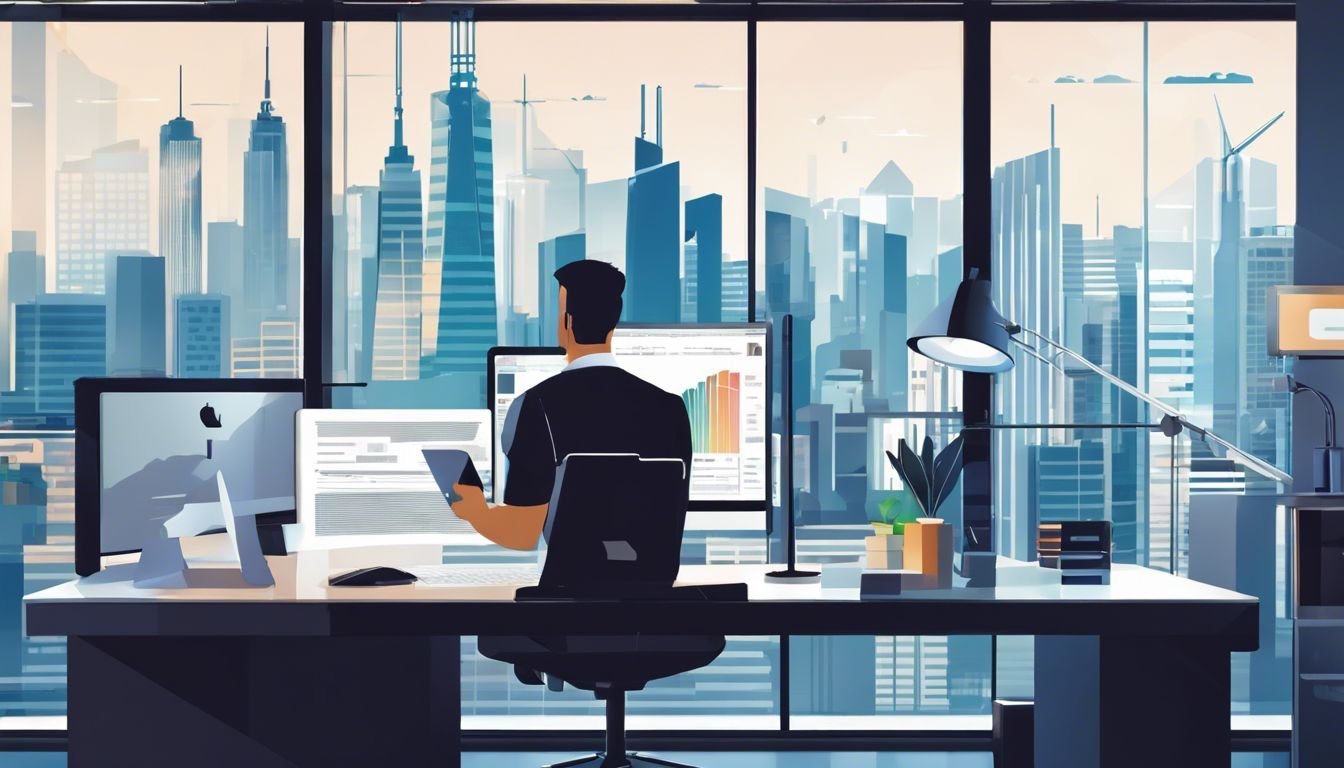 Een persoon werkt met digitale facturen in een moderne kantooromgeving.