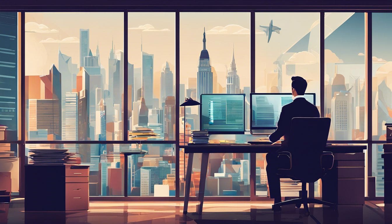 Iemand die financi&euml;le documenten organiseert in een rommelig kantoor met uitzicht op de stad.