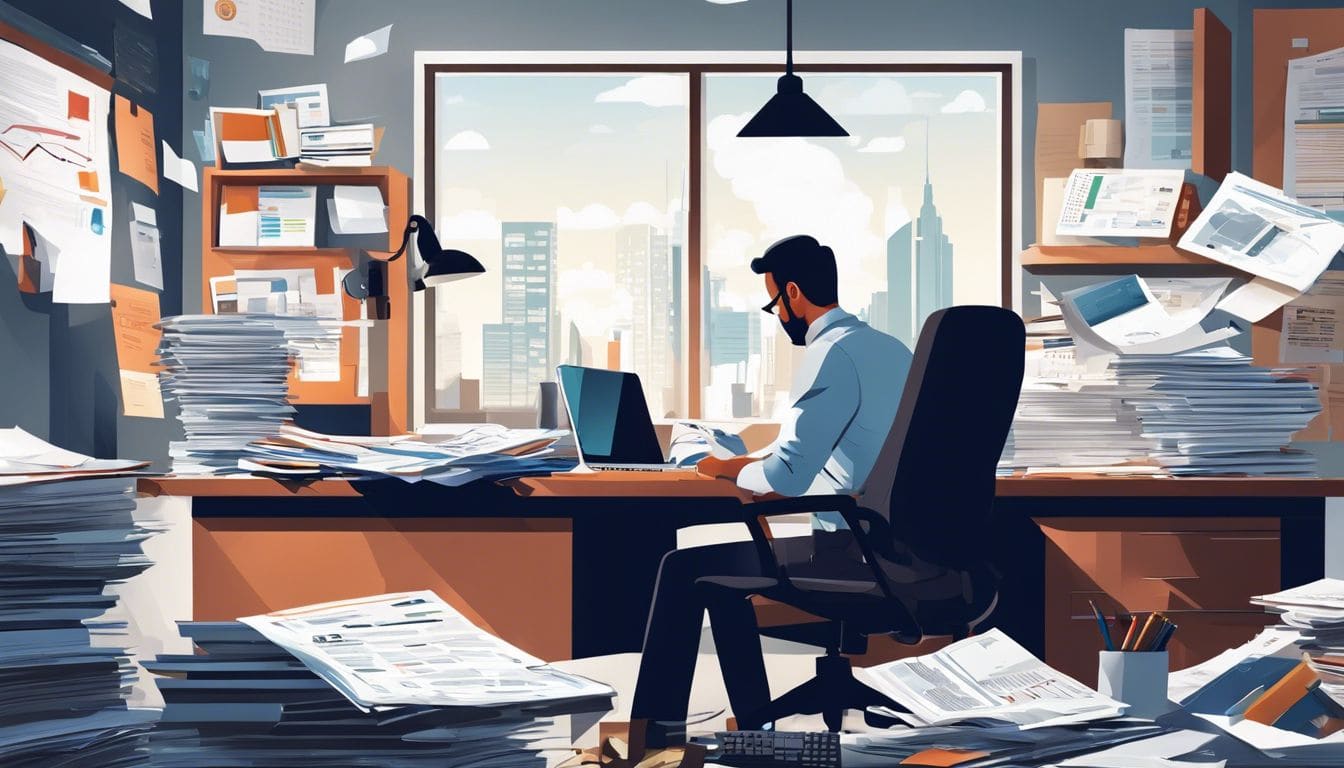Een persoon werkt geconcentreerd te midden van financiële documenten en stadsgezichten. Een persoon werkt geconcentreerd te midden van financiële documenten en stadsgezichten.