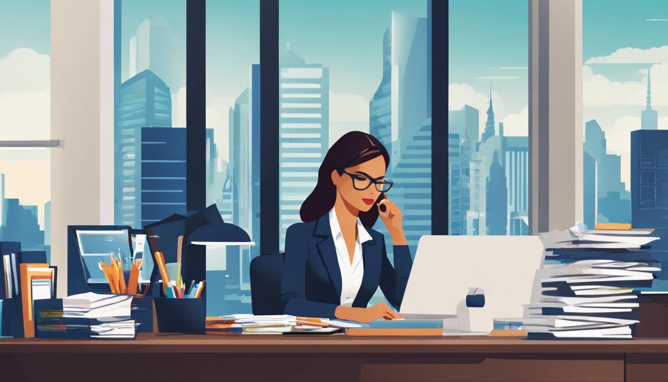 Een zakenvrouw organiseert bestanden op een schoon bureau met computer.