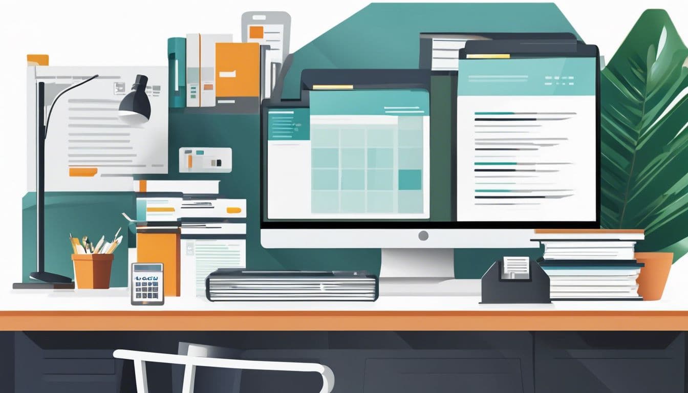 Een opgeruimd kantoor met een computer, financi&euml;le papieren en een veilige kluis.