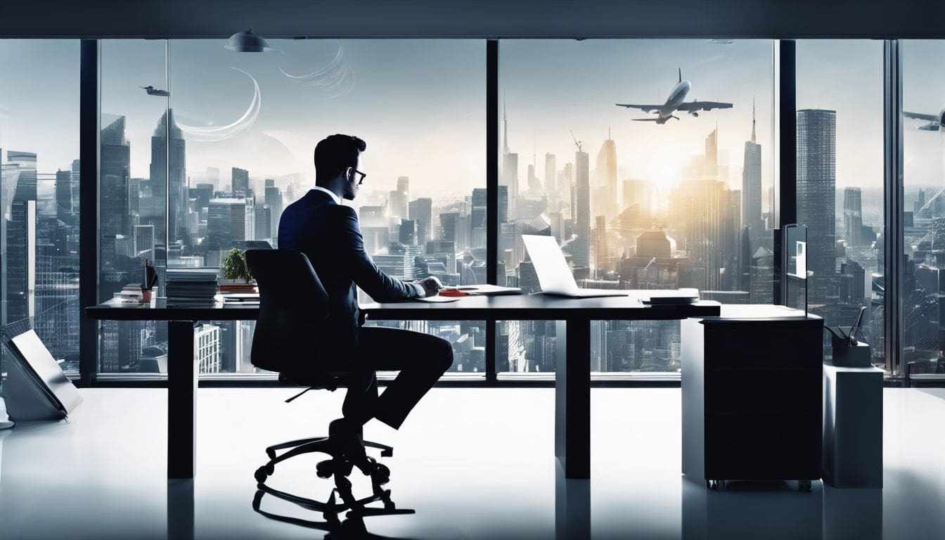 Een zakelijke eigenaar werkt geconcentreerd met Yuki-software in een stedelijke omgeving.