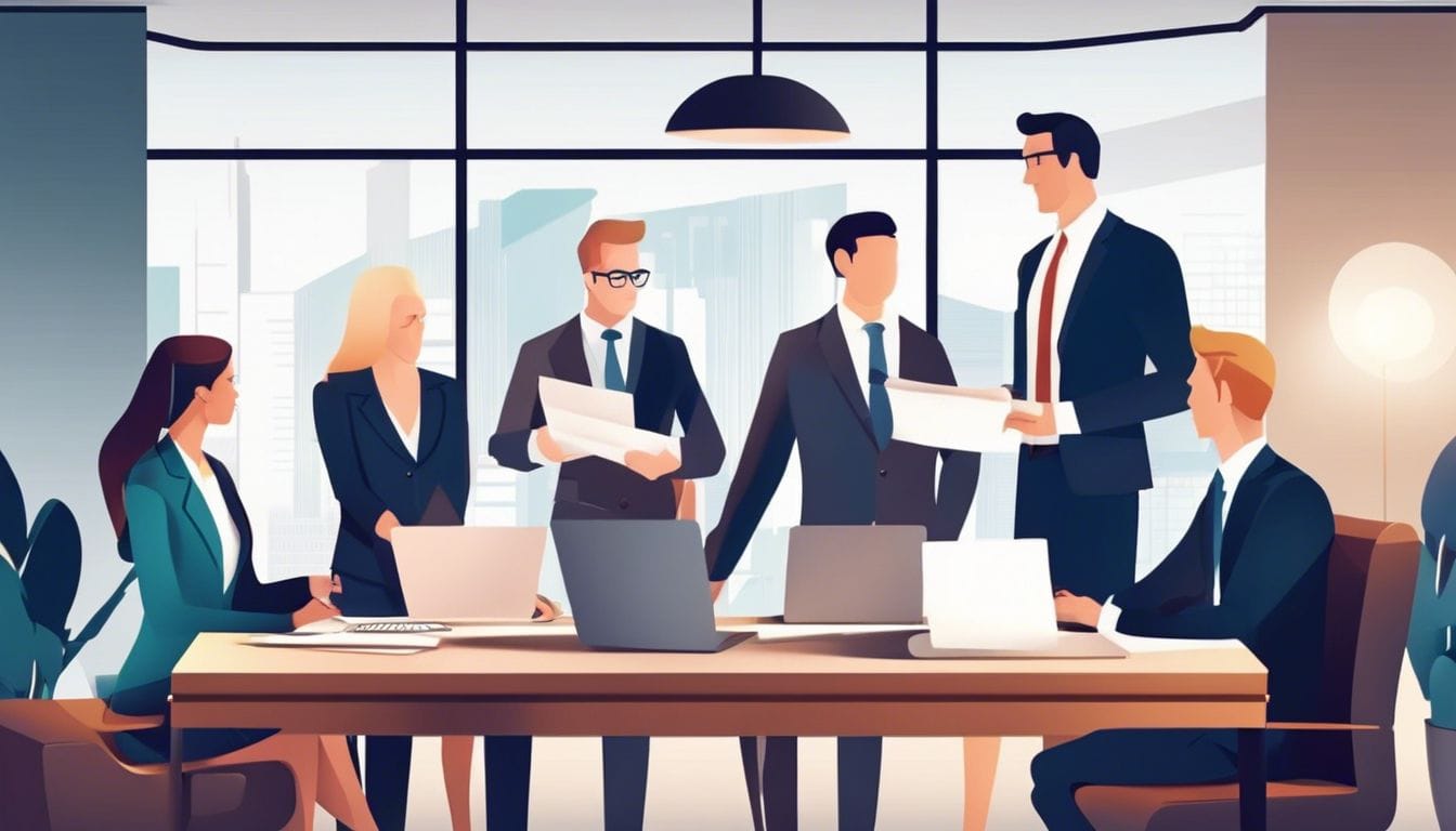 Een groep diverse mensen bespreekt financiële documenten in een modern kantoor.