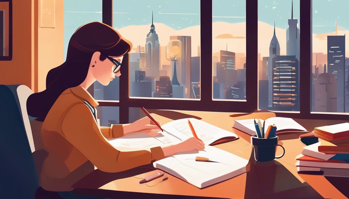 Een student zit studieus aan een goed georganiseerd bureau met studiematerialen.