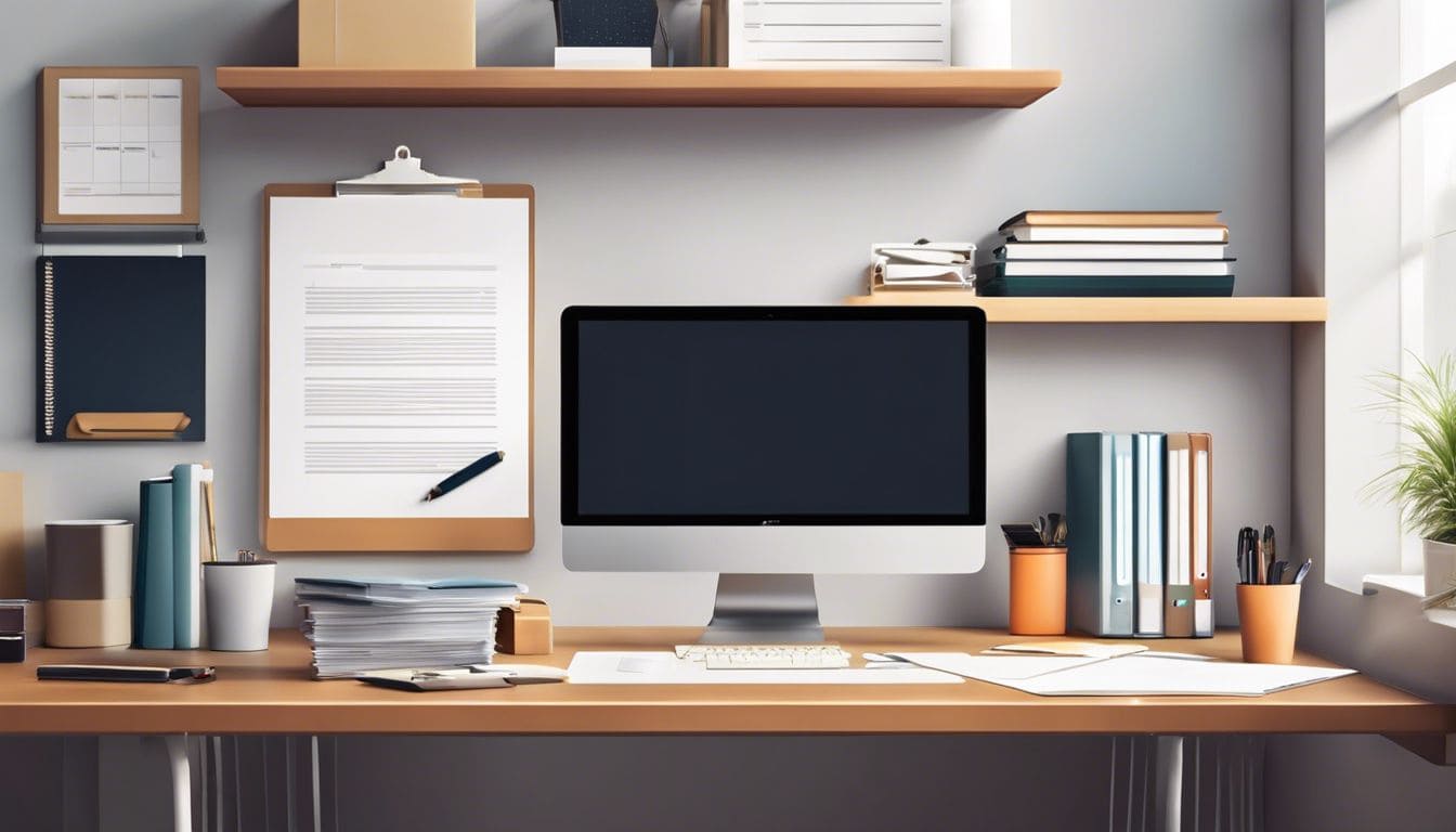 Een goed georganiseerd bureau met keurig gelabelde werknemersbestanden en kantoorbenodigdheden.