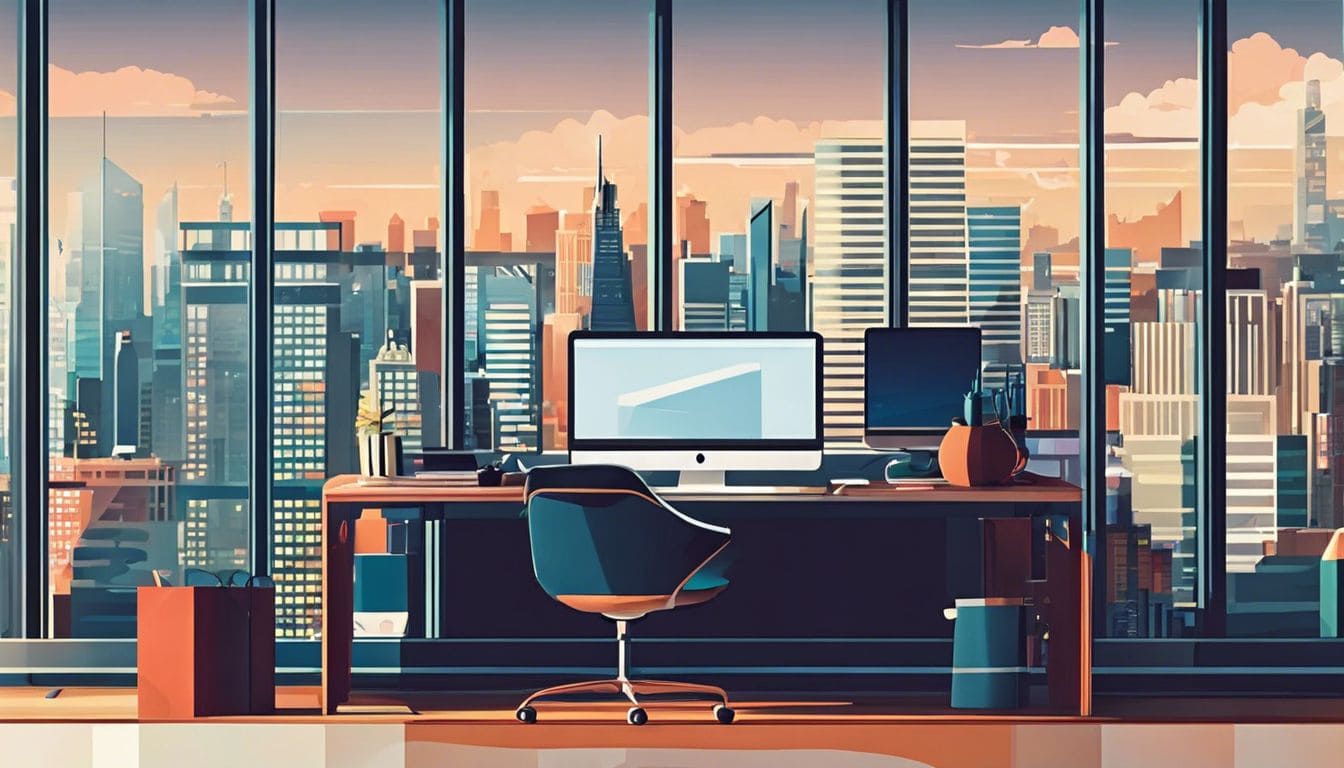 Een moderne kantoorwerkplek met georganiseerde papieren en laptop, uitzicht op de stad. Een moderne kantoorwerkplek met georganiseerde papieren en laptop, uitzicht op de stad.