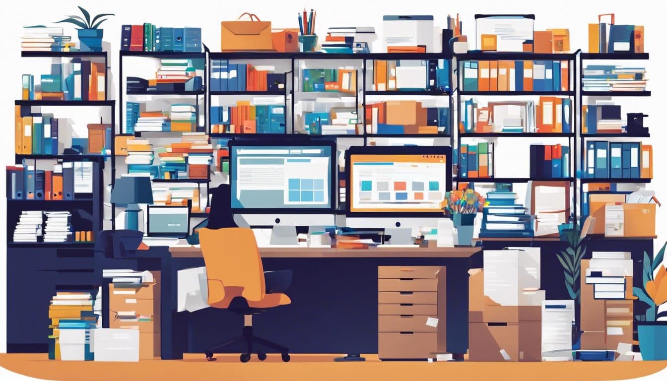 Een druk kantoor met een administratief assistent die aankooporders organiseert. Een druk kantoor met een administratief assistent die aankooporders organiseert.