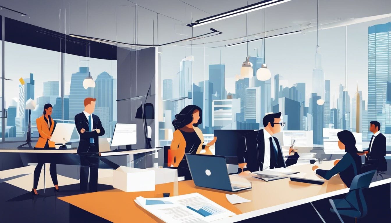 Een groep professionals in de justiti&euml;le sector werkt samen in een modern kantoor.