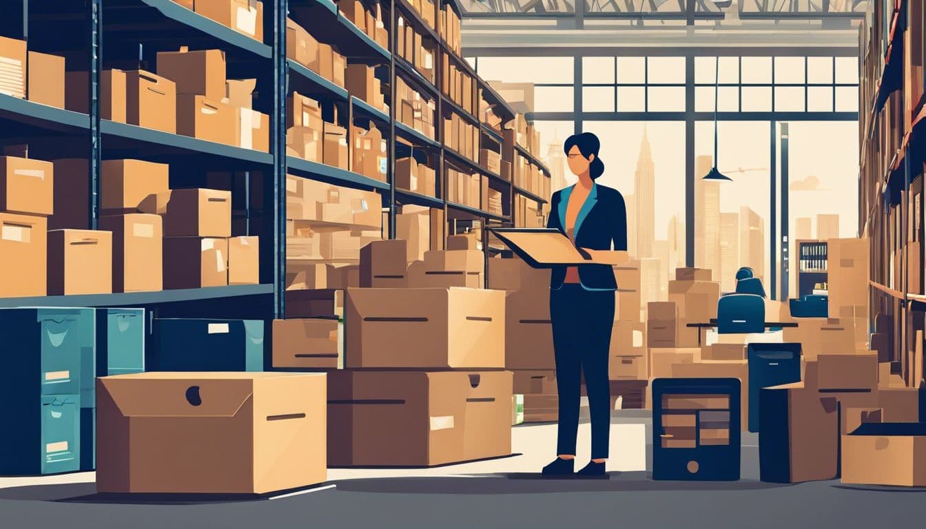 Een logistieke administratieve medewerker organiseert transportdocumenten in een druk magazijn. Een logistieke administratieve medewerker organiseert transportdocumenten in een druk magazijn.