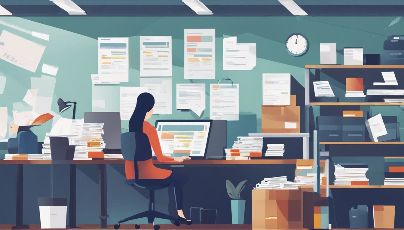 Een attente medewerker sorteert bestellingen in een druk kantoor.