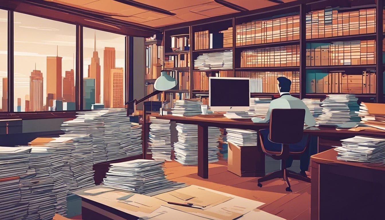 De belastingaccountant organiseert bestanden in een rommelige kantoorruimte.