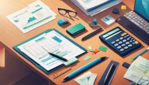 Een georganiseerd bureau met financiële documenten en een rekenmachine.