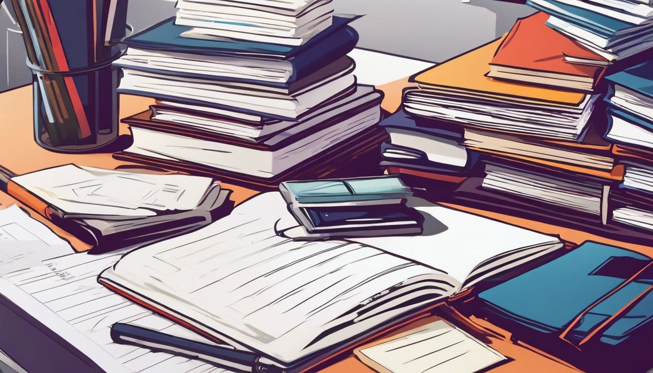 Een georganiseerd bureau met boekhoudkundige boeken en financiële documenten, met stadsgezichtfotografie op de achtergrond.