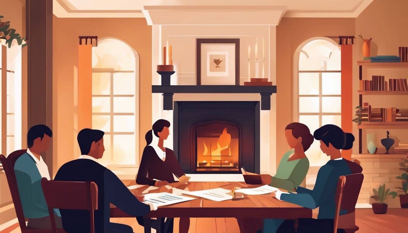 Een gezin verzamelt rond een tafel met juridische documenten bij de open haard. Een gezin verzamelt rond een tafel met juridische documenten bij de open haard.